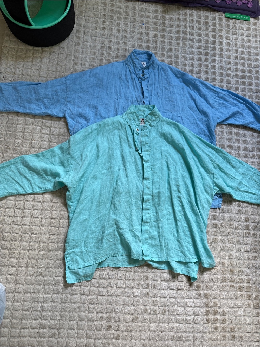 Planet by Lauren OSFA Relaxed 100% Linen Button-Front Shirt in Aqua and Sky Blue